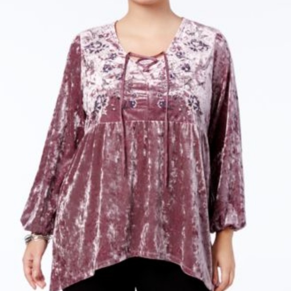 Style Co Blush Embroidered Lace-Up Velvet Blouse - Picture 1 of 7
